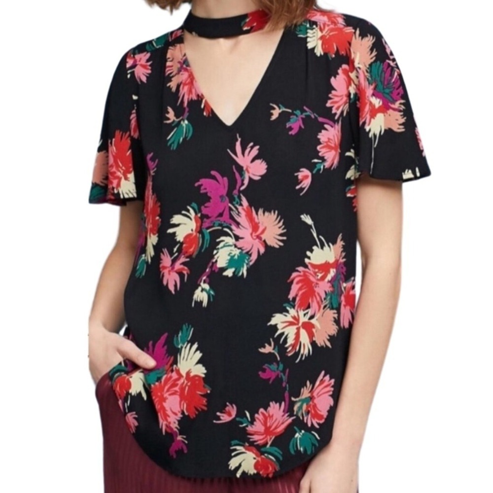 Maeve Anthropologie Floral Choker Neck V-Neck Blouse Black Multi Short Sleeve S‎